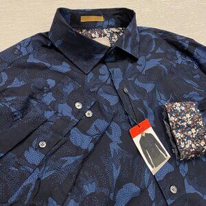 Ted Baker Dress Shirt Mens Medium Blue Black Floral Print Contrast Flip Cuff